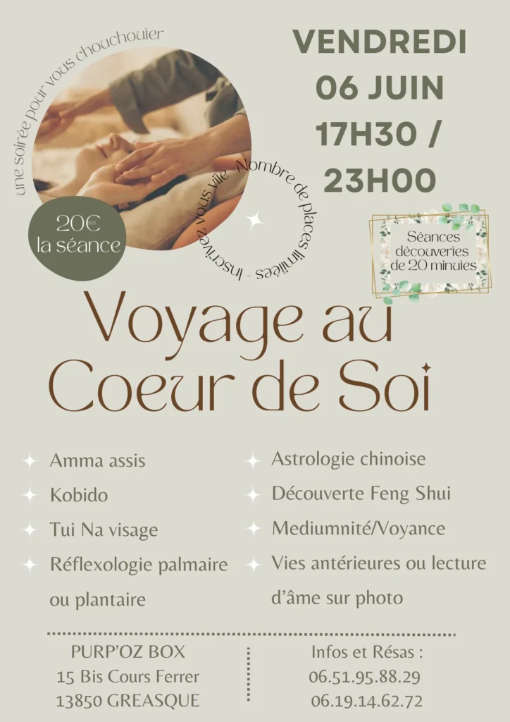 1ier évènement auquel participe Harmonieusement Vôtre : Voyage au Cœur de Soi - le vendredi 6 avril 2025 de 17h30 à 23h à Gréasque