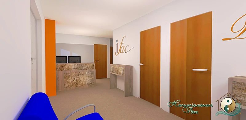 Visuel 3D mettant en scène la proposition d'une ambiance fluide pour ce projet de rafraîchissement de la décoration d’une société comptable, gestion d’entreprise, fiscalité - Vue Accueil