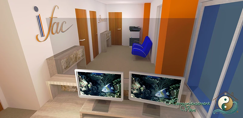 Visuel 3D mettant en scène la proposition d'une ambiance fluide pour ce projet de rafraîchissement de la décoration d’une société comptable, gestion d’entreprise, fiscalité - Vue d'ensemble