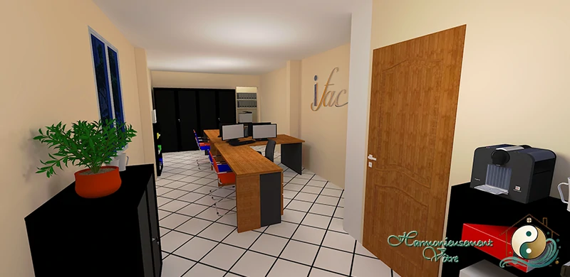Visuel 3D du bureau principal. Le logo de l’entreprise a été peint au mur pour afficher son identité