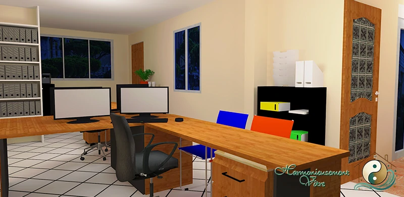 Visuel 3D du second bureau. Ce nouvel agencement de bureau favorise la visibilité entre les visiteurs et les employées de bureau
