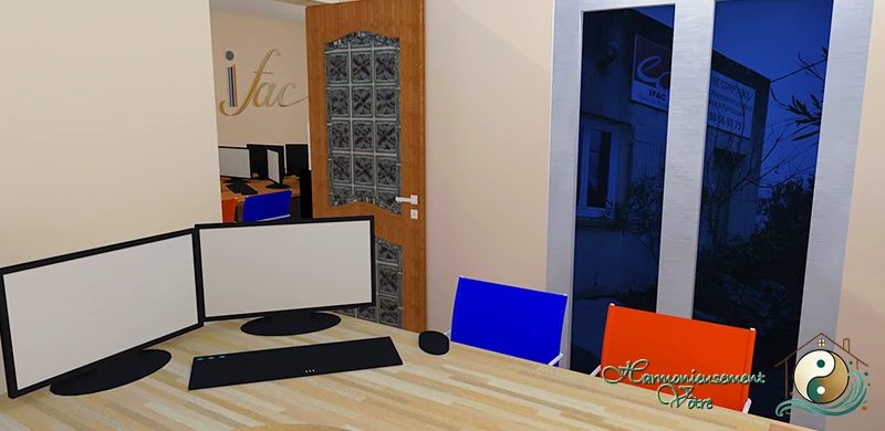 Avec ce nouvel agencement de bureau, l’occupant a la visibilité sur la porte de son bureau ainsi que sur la porte fenêtre. Cet agencement favorise la sérénité et le bien-être de ce poste de travail.