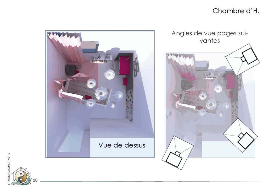 Visuel 3D du plan d’agencement feng shui de la chambre de la fille