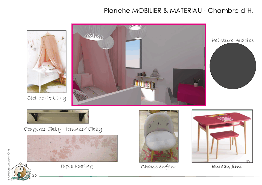 Planche mobilier et matériaux de cette chambre d’une fillette