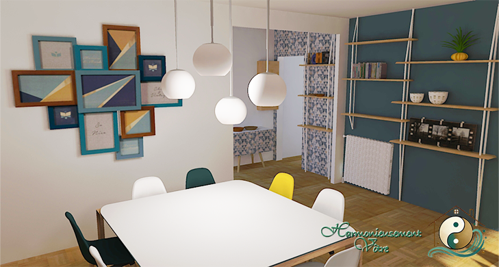 5. On aperçoit au fond le hall d’entrée qui s’harmonise sur cette pièce ouverte. Aux murs, création d’une décoration unique pour placer quelques objets décoratifs