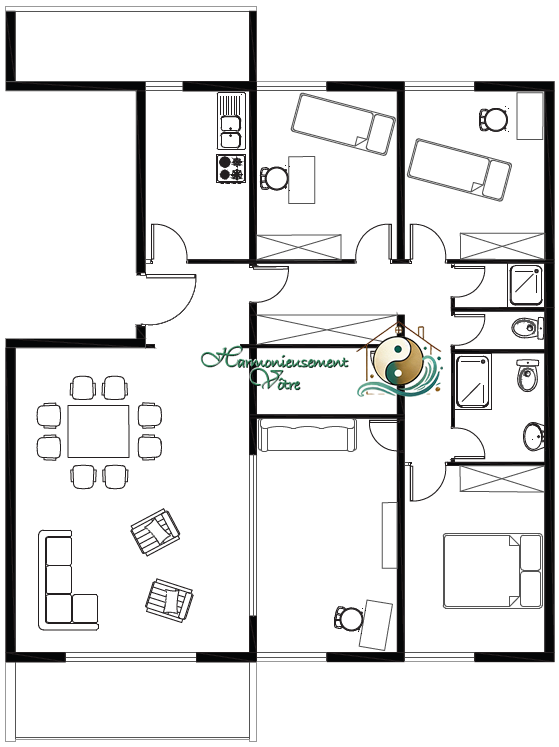 Plan d’agencement feng shui obtenu, suite à une expertise en feng shui traditionnel par Harmonieusement Vôtre
