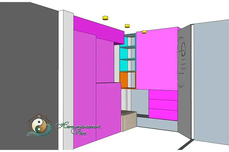 Partage de l’espace vue de face côté gauche – Couleur fuchsia pour l’espace de Madame