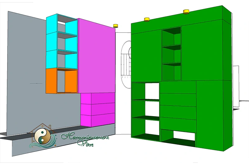 Partage de l’espace vue de face côté droit – Couleur verte pour l’espace de Monsieur