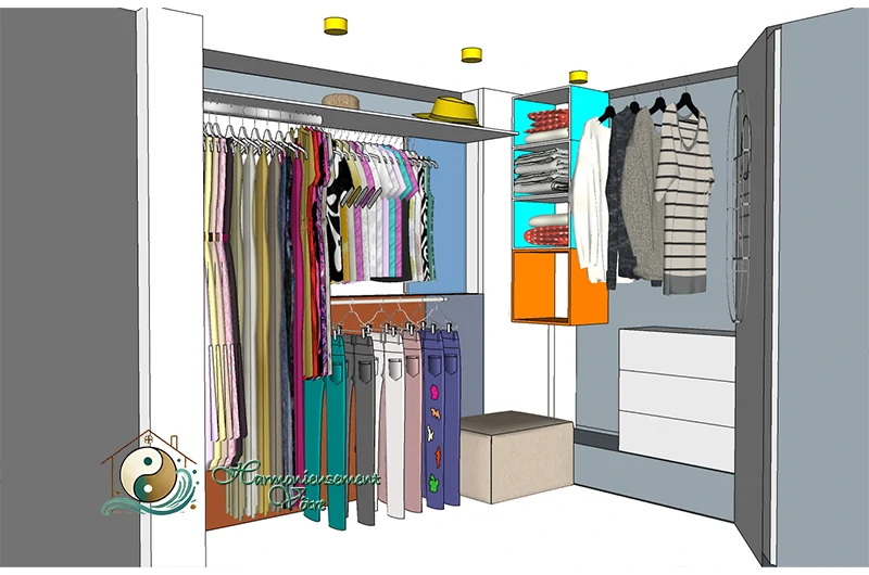 Mise en situation du dressing conçu sur mesure pour ce projet de design d’espace par Harmonieusement Vôtre - Côté gauche