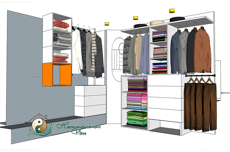 Mise en situation du dressing conçu sur mesure pour ce projet de design d’espace par Harmonieusement Vôtre côté droit