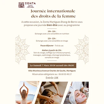 Évènement du 7 mars 2026 organisé par le ZONTA Martigues auquel participera Laurence Trégoat - Harmonieusement Vôtre