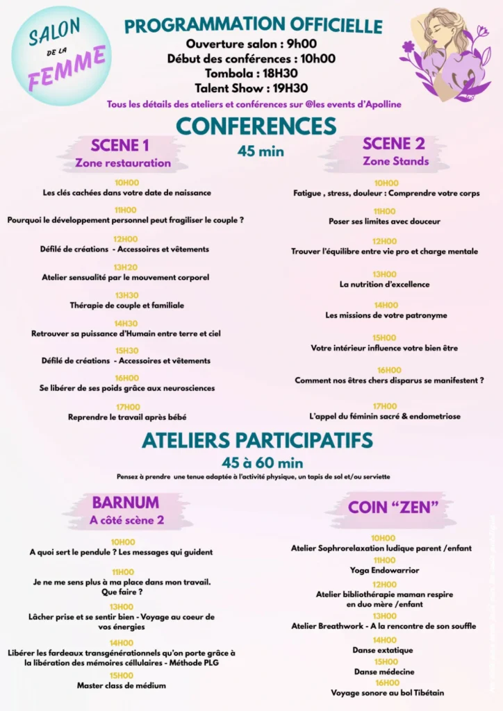 Le programme des conférences & ateliers durant ce Salon de la Femme au Jardin d’Albertas à Bouc-Bel-Air…
