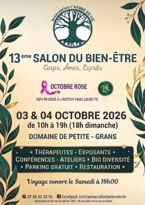 13ième Salon du Bien-Être organisé par l'association l'arbre de vie au domaine de petite à GRANS. Harmonieusement Vôtre aura le plaisir de vous y retrouver les 3 & 4 octobre 2026