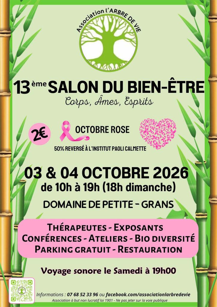 13ième Salon du Bien-Être organisé par l'association l'arbre de vie au domaine de petite à GRANS. Harmonieusement Vôtre aura le plaisir de vous y retrouver les 3 & 4 octobre 2026